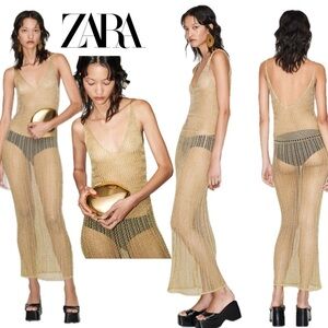 ZARA GOLD FITTED METALLIC THREAD CROCHET KNIT SPAGHETTI STRAP MIDI MAXI DRESS M
